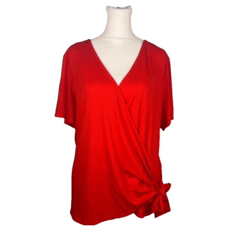 Lane Bryant Red V Neck Tie Wrap Short Sleeve Top Women's 18/20 Career Casual